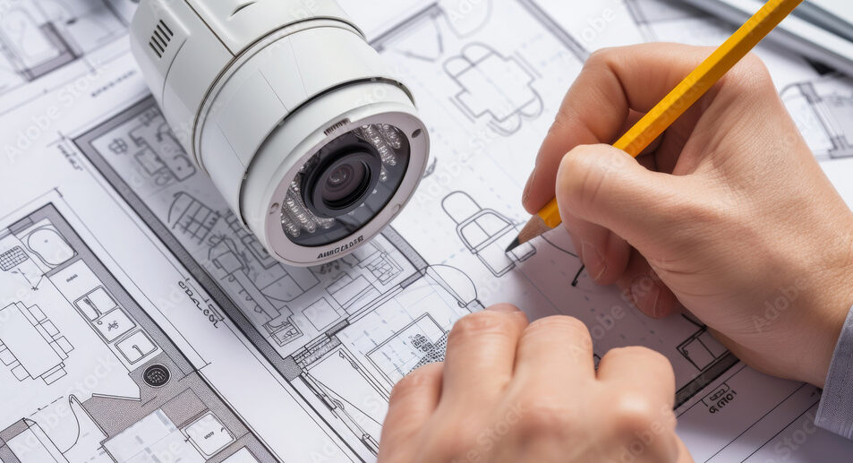 Precision in Security, Expert Hand Adjusting Modern Surveillance Camera Over Blueprint Background